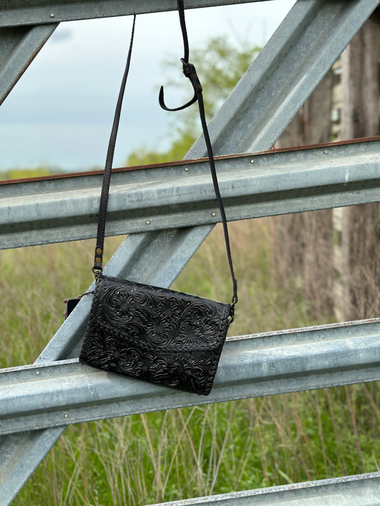 Black Tooled Leather Crossbody