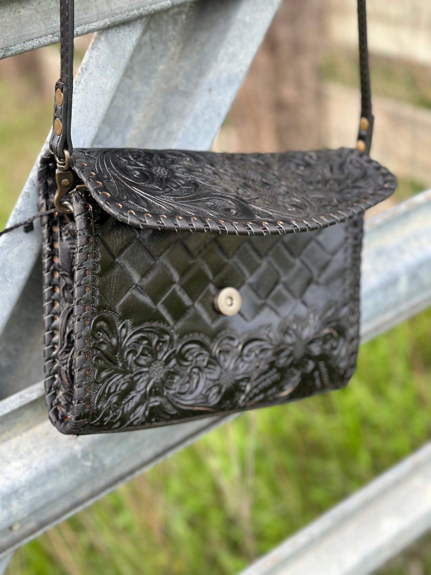 Black Tooled Leather Crossbody