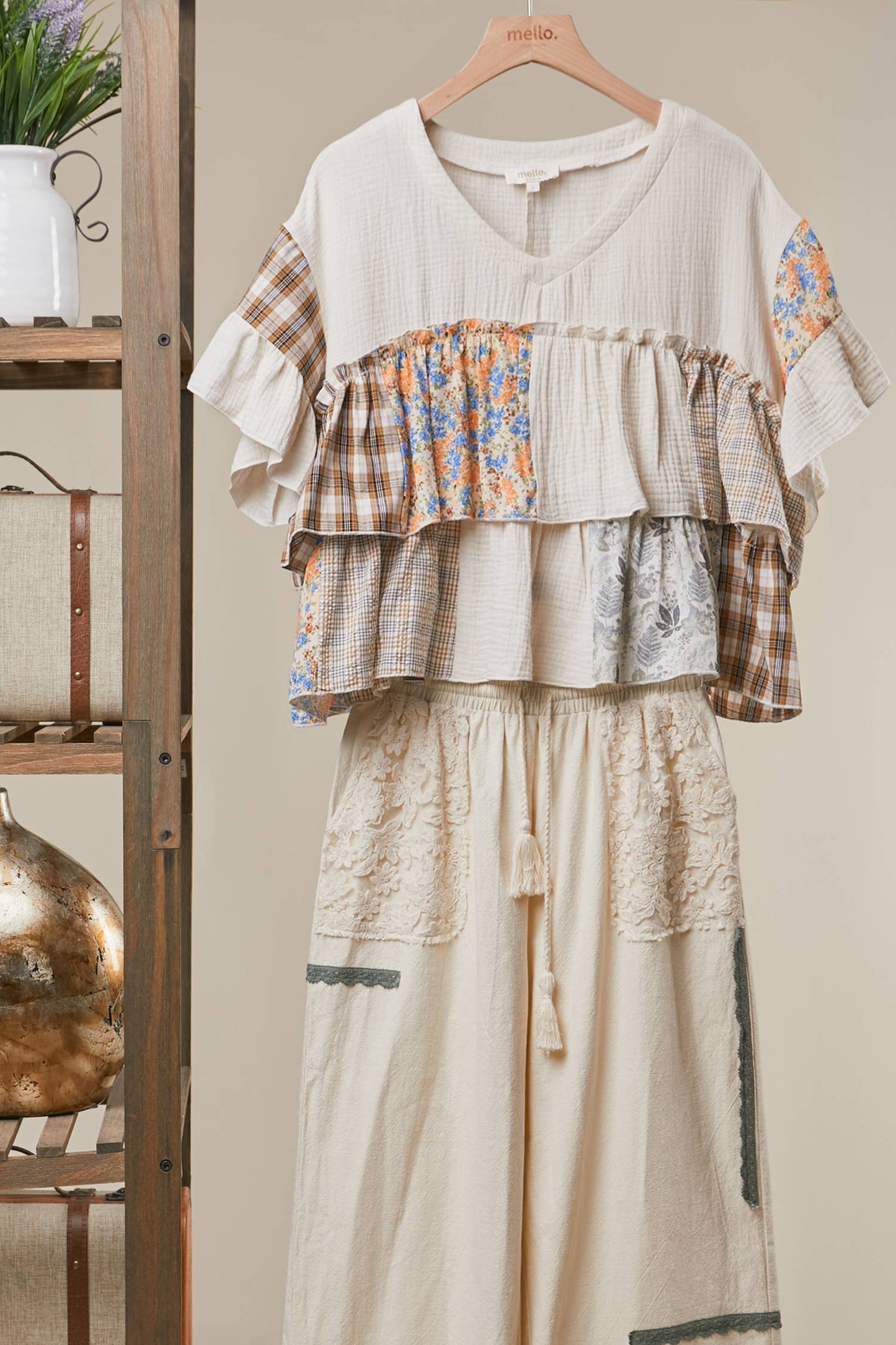 Vintage Patchwork Ruffle Hem Top