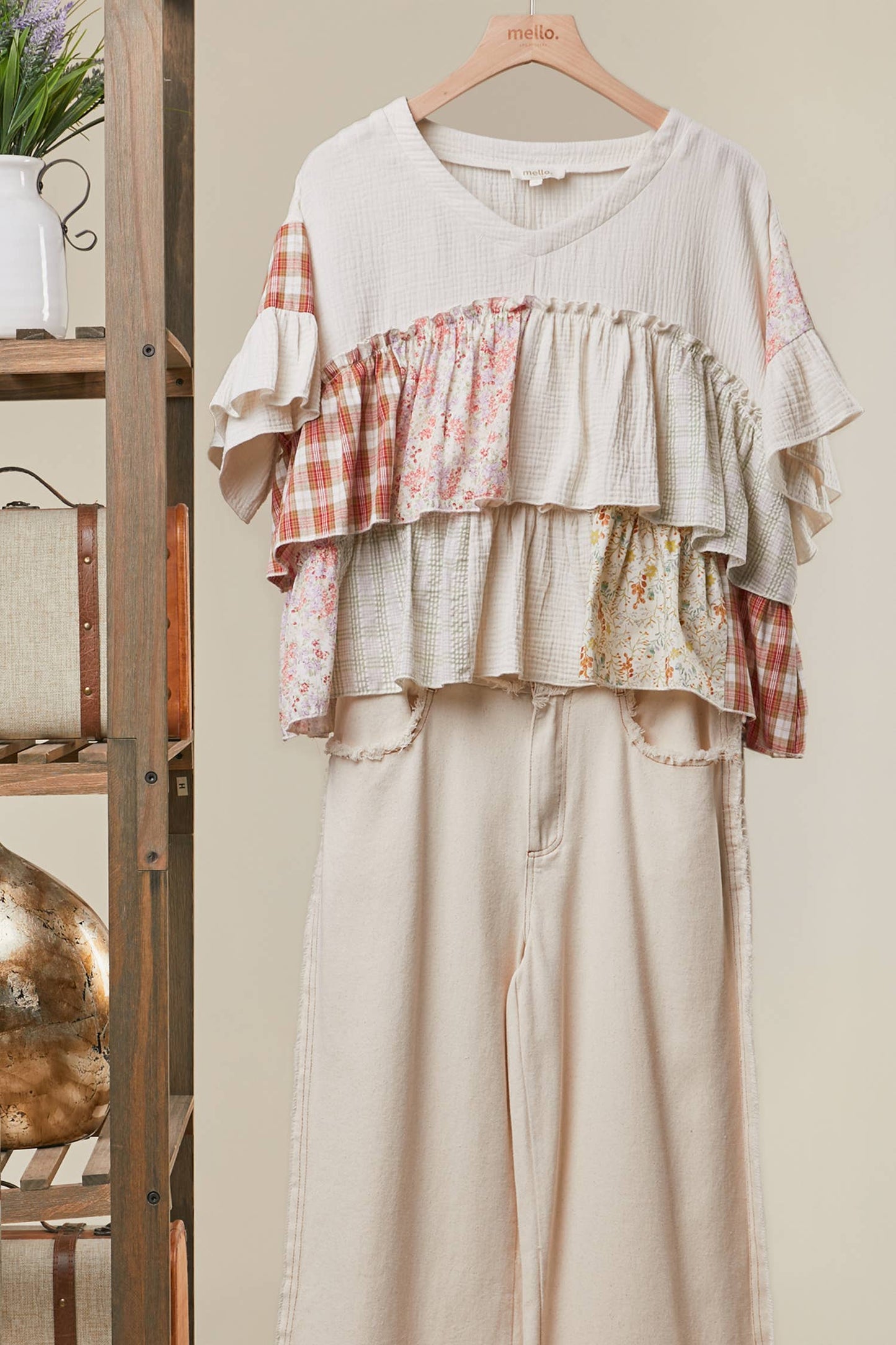 Vintage Patchwork Ruffle Hem Top
