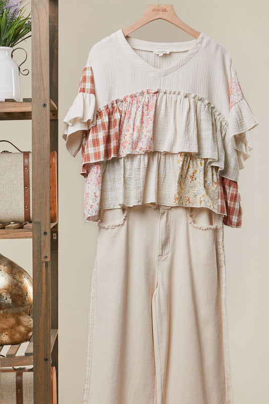 Vintage Patchwork Ruffle Hem Top