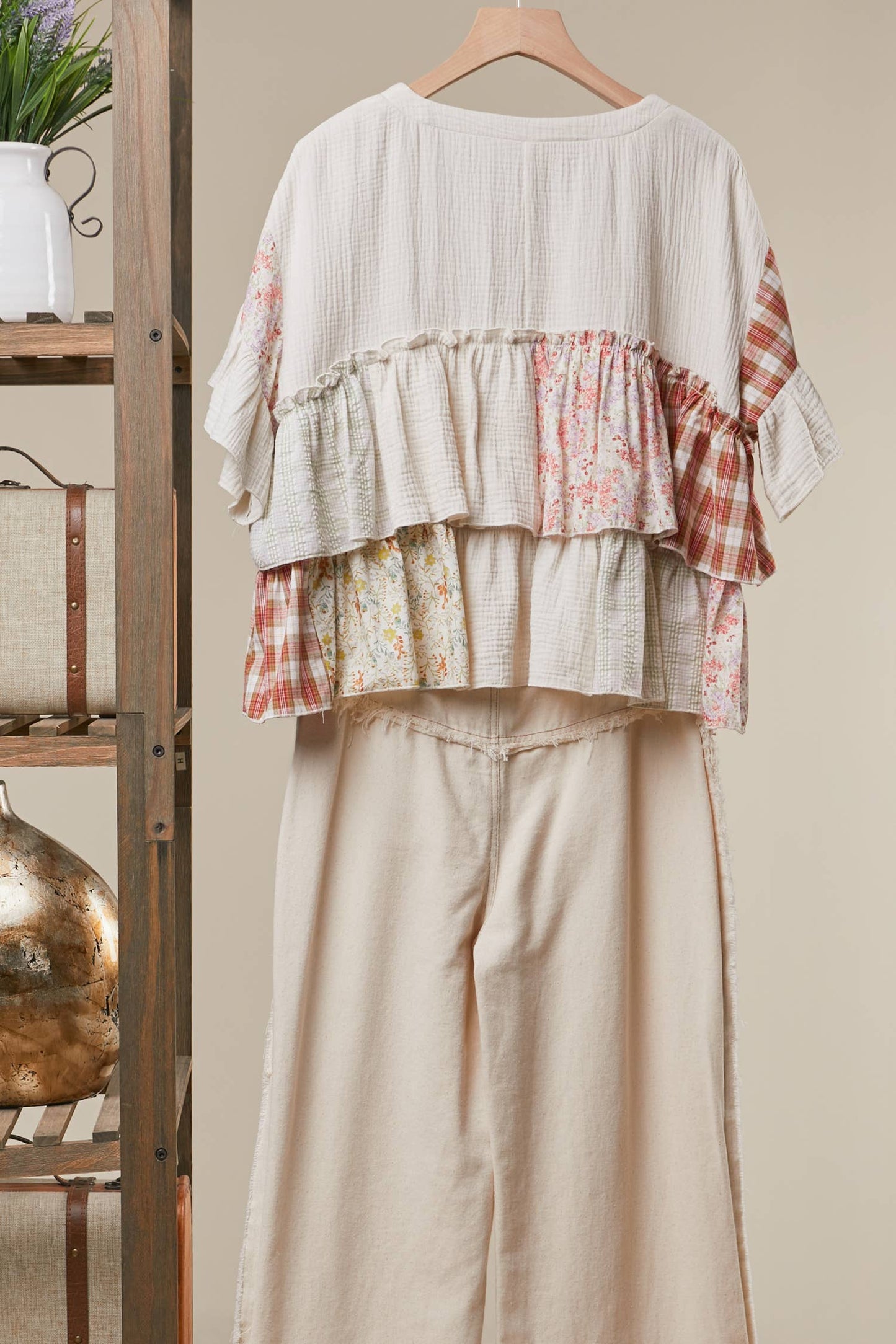 Vintage Patchwork Ruffle Hem Top