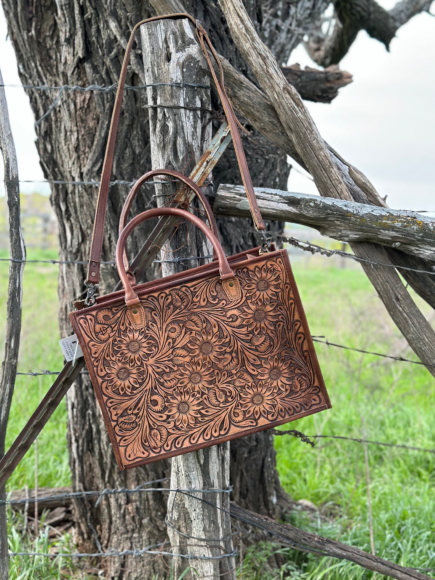 Large Tooled Leather Crossbody/ Tote