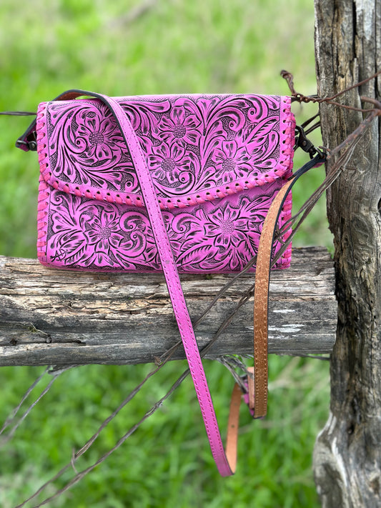 Pink Tooled Leather Crossbody