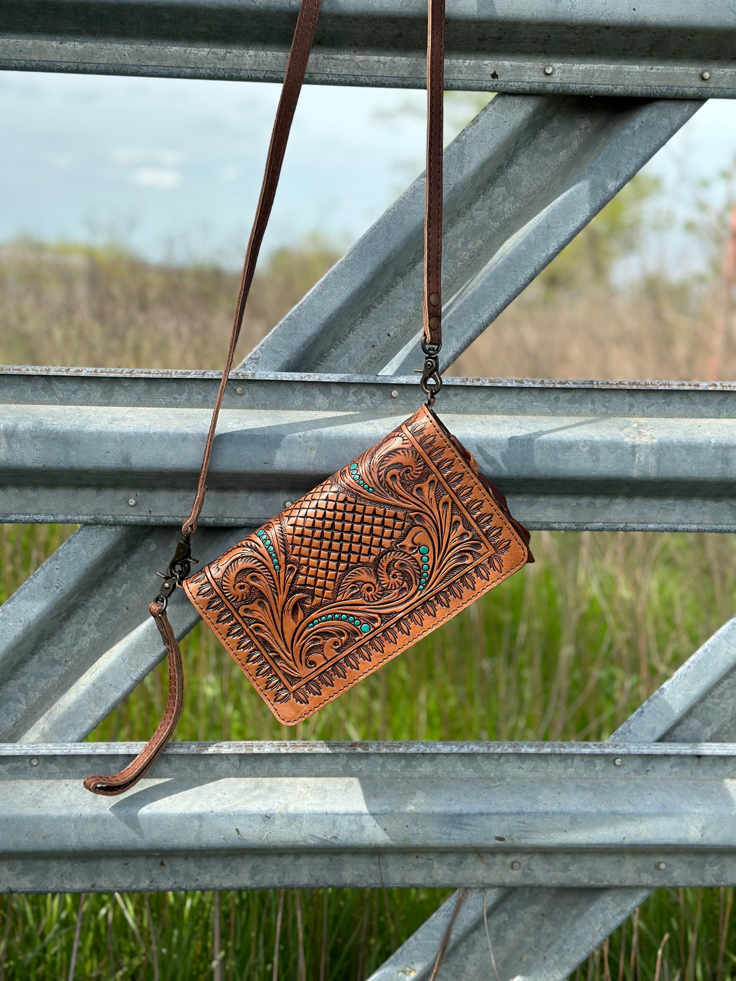 Tooled Leather Crossbody/ Wristlet Wallet