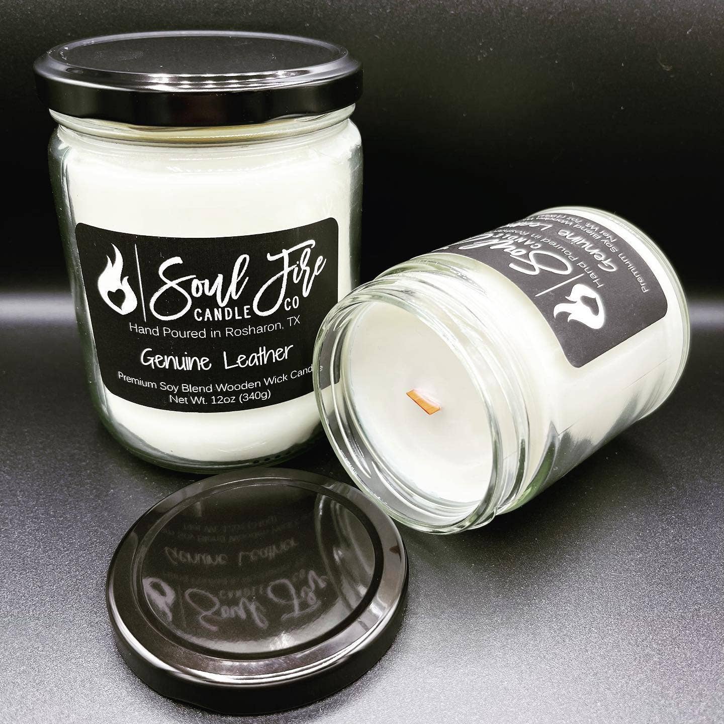 Genuine Leather Wooden Wick Candle: 7oz