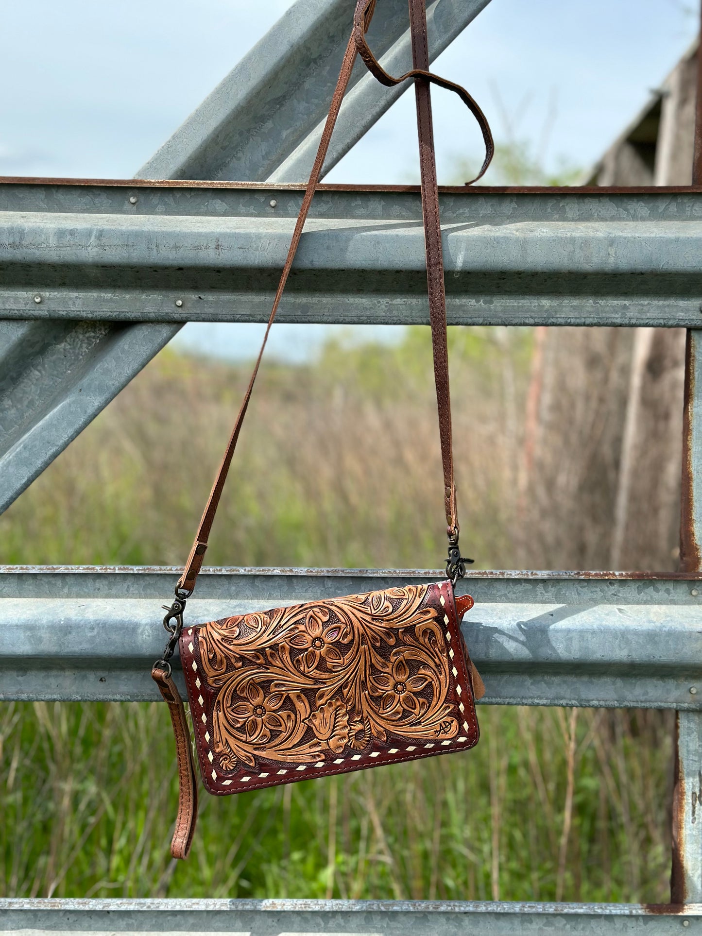 Tooled Leather Crossbody/ Wristlet Wallet