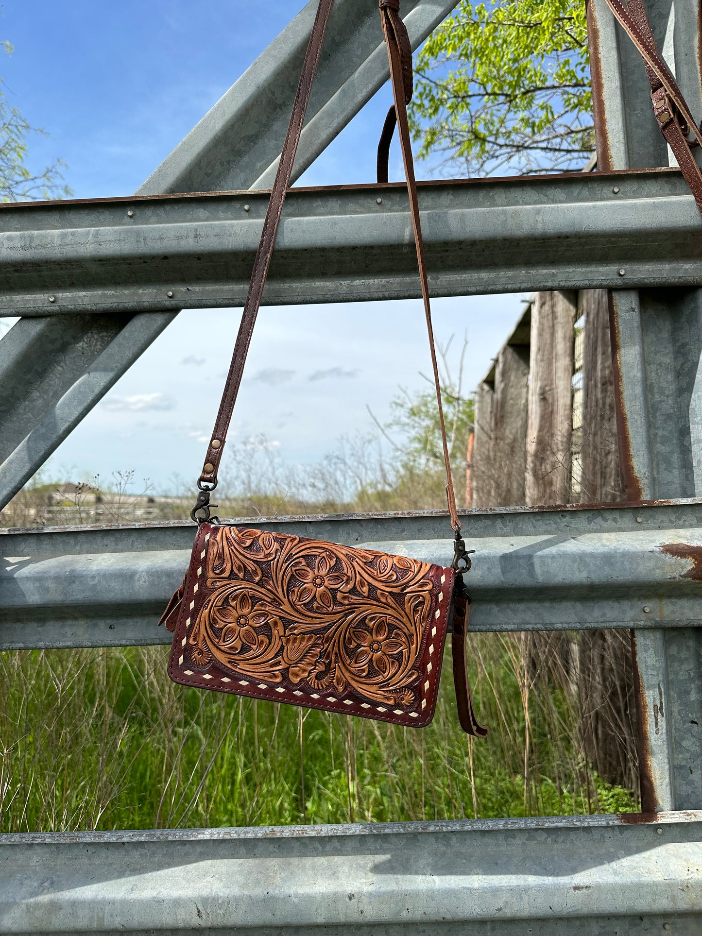 Tooled Leather Crossbody/ Wristlet Wallet