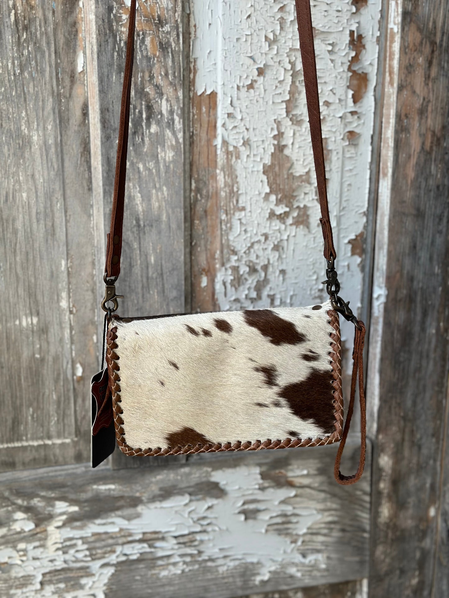 Brown & White Cowhide Crossbody/ Wristlet