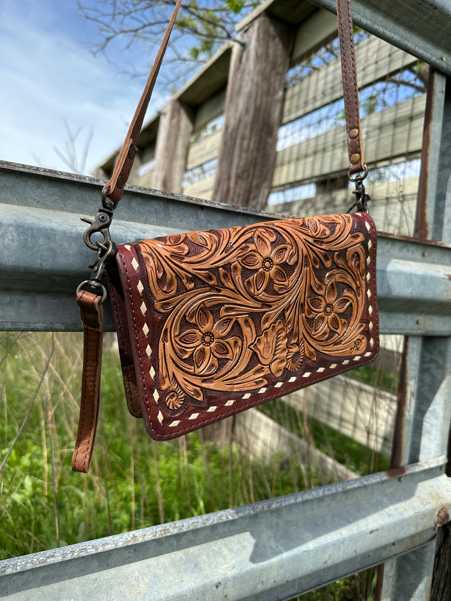 Tooled Leather Crossbody/ Wristlet Wallet