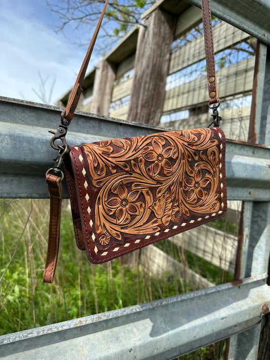 Tooled Leather Crossbody/ Wristlet Wallet