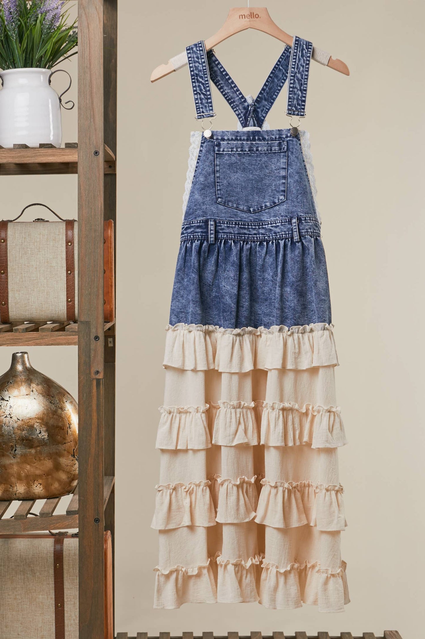 DENIM OVERALL DRESS WITH TIERED RUFFLE SKIRT