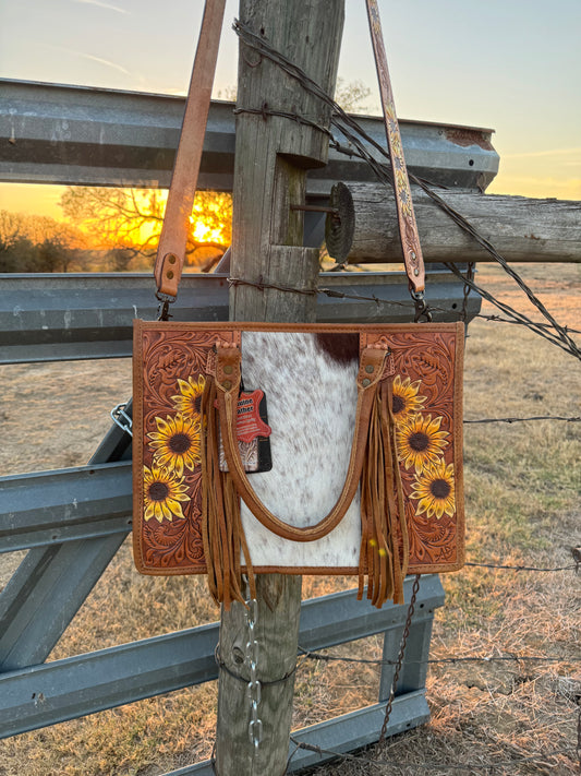 Sunflower Cowhide Tote/ Crossbody