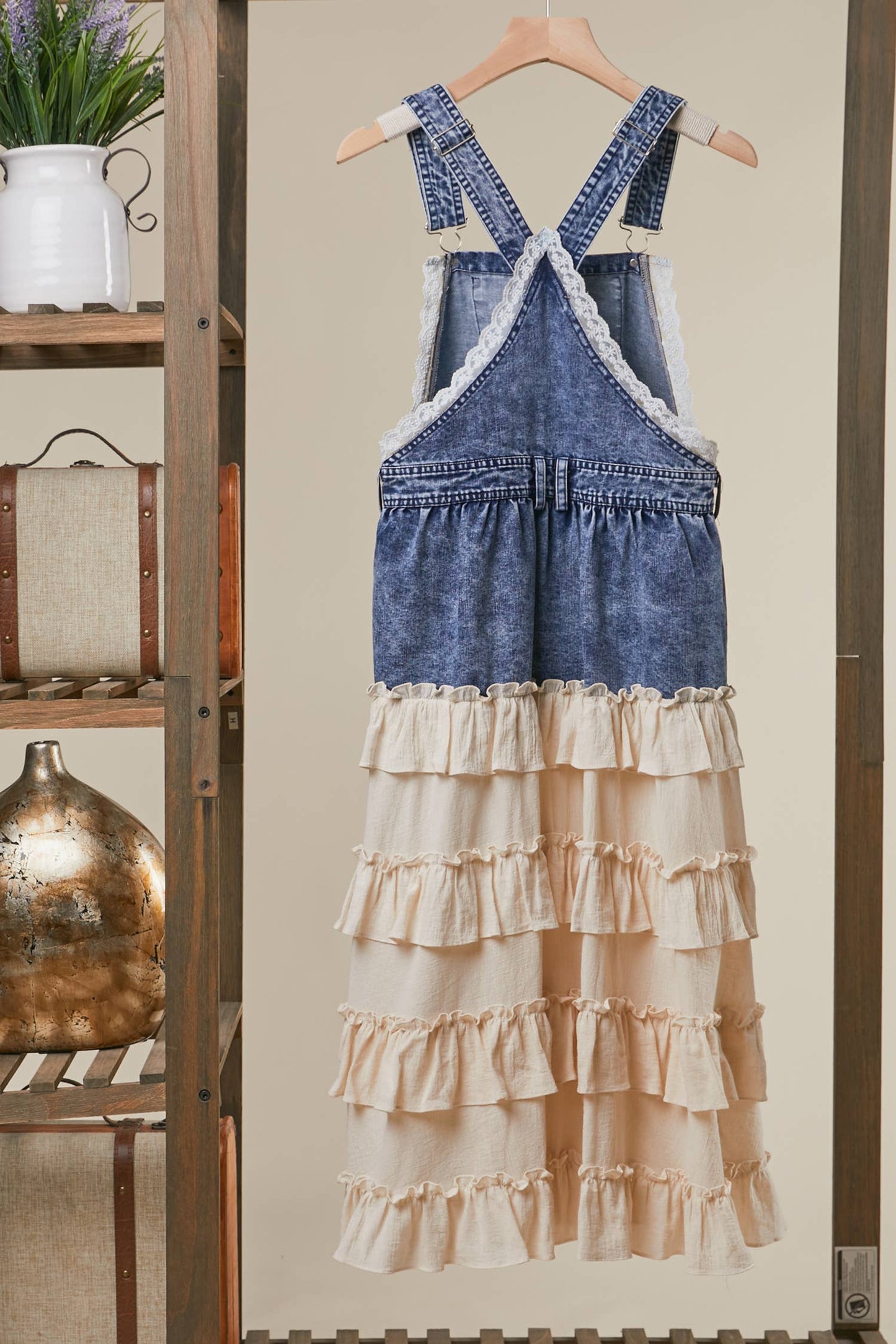 DENIM OVERALL DRESS WITH TIERED RUFFLE SKIRT
