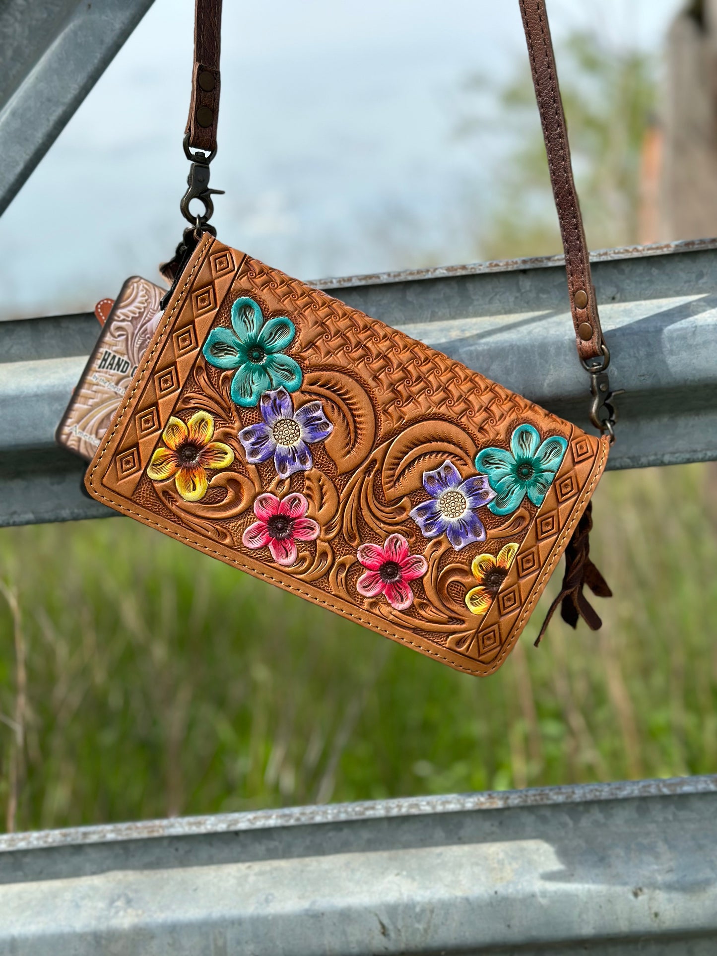 Tooled Floral Crossbody / Wristlet Wallet