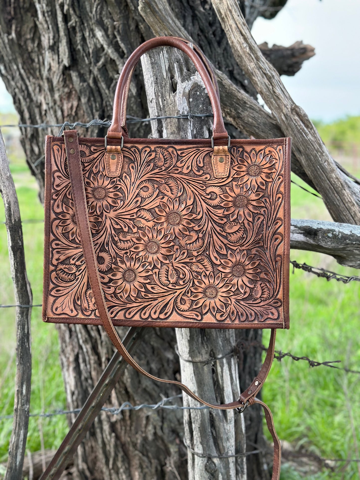 Large Tooled Leather Crossbody/ Tote