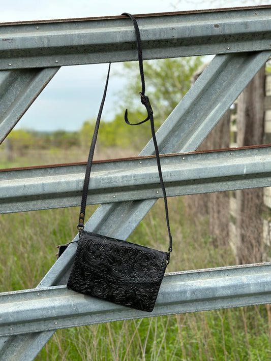 Black Tooled Leather Crossbody