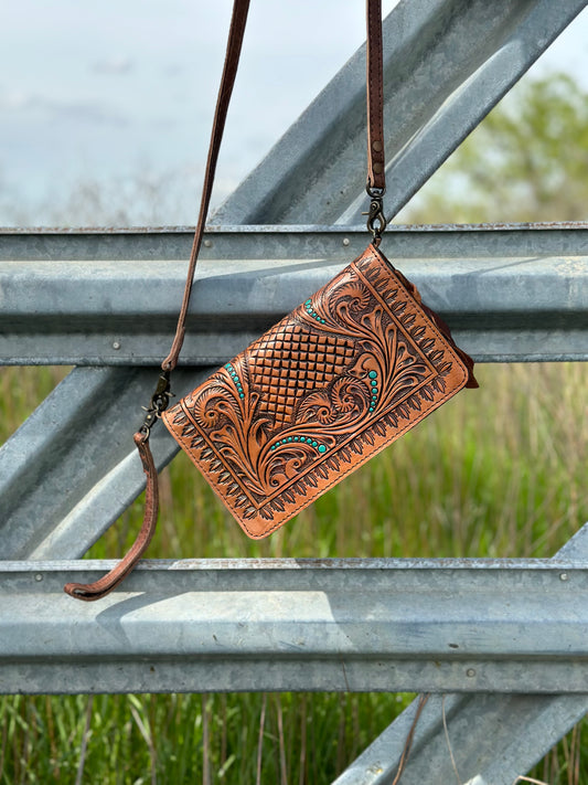 Tooled Leather Crossbody/ Wristlet Wallet