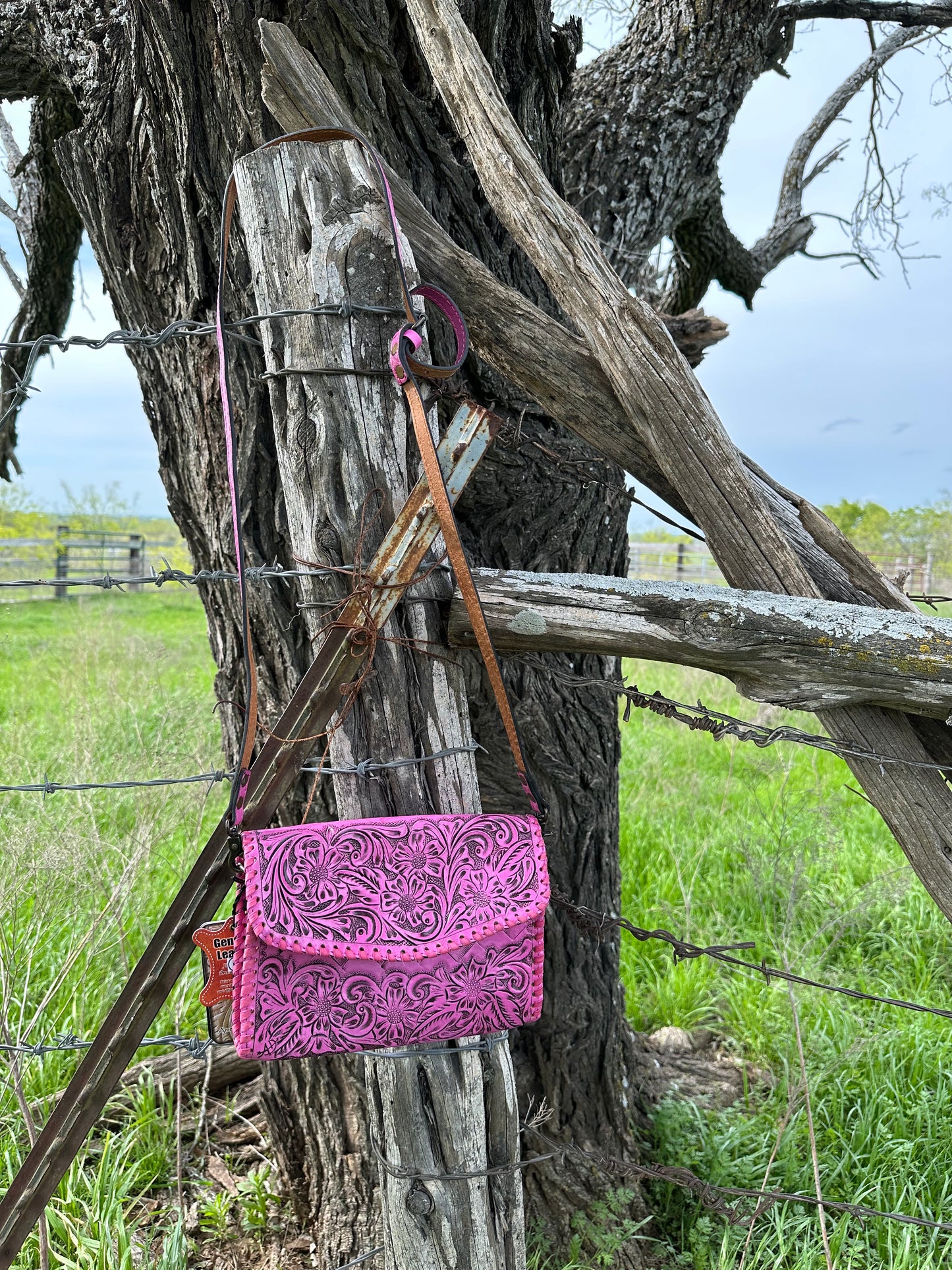 Pink Tooled Leather Crossbody