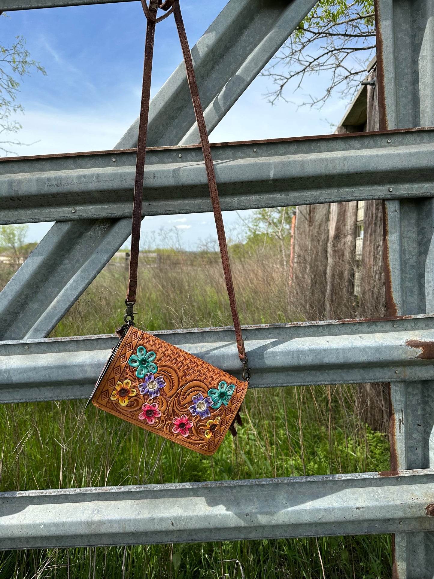 Tooled Floral Crossbody / Wristlet Wallet