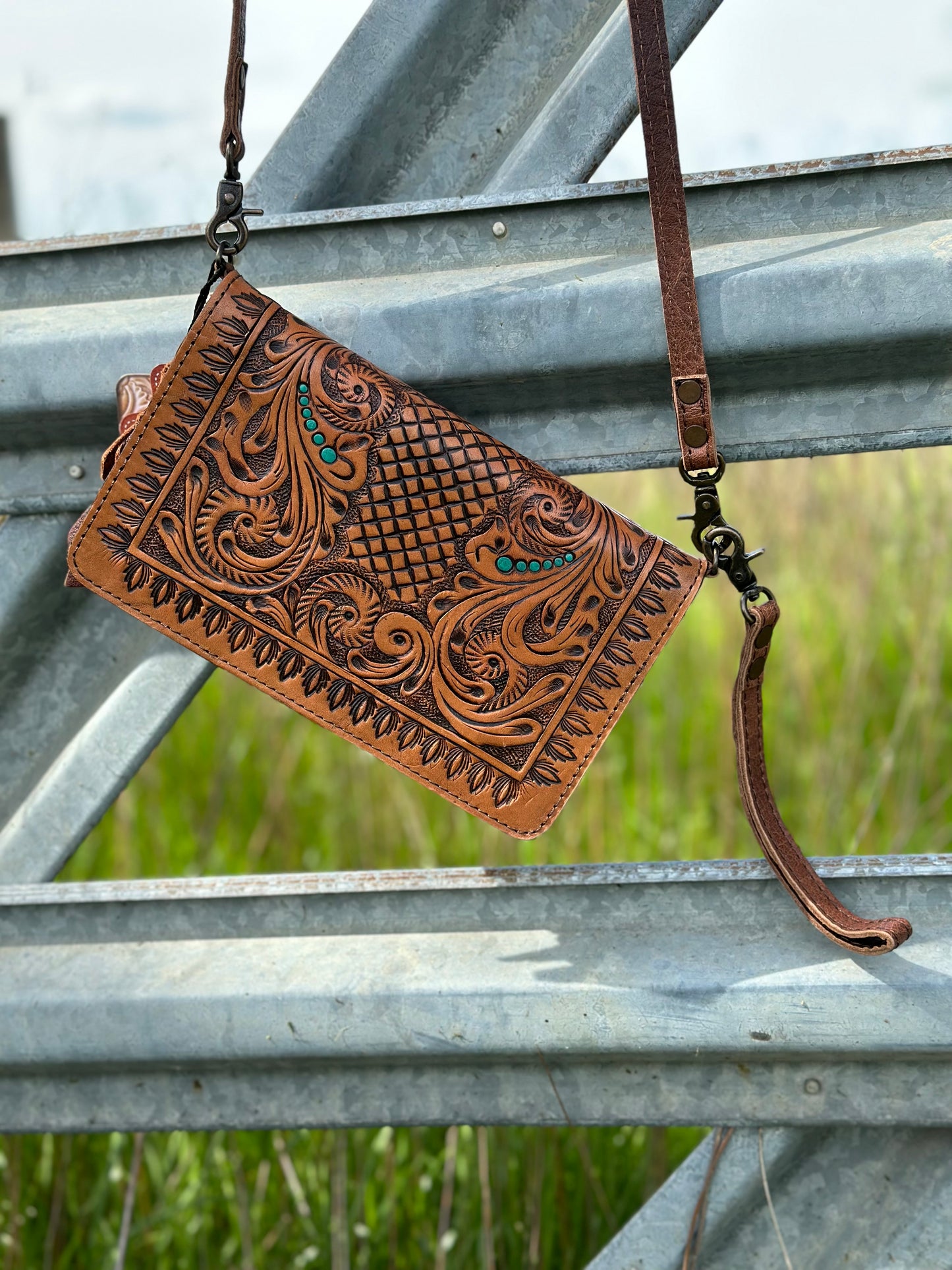 Tooled Leather Crossbody/ Wristlet Wallet