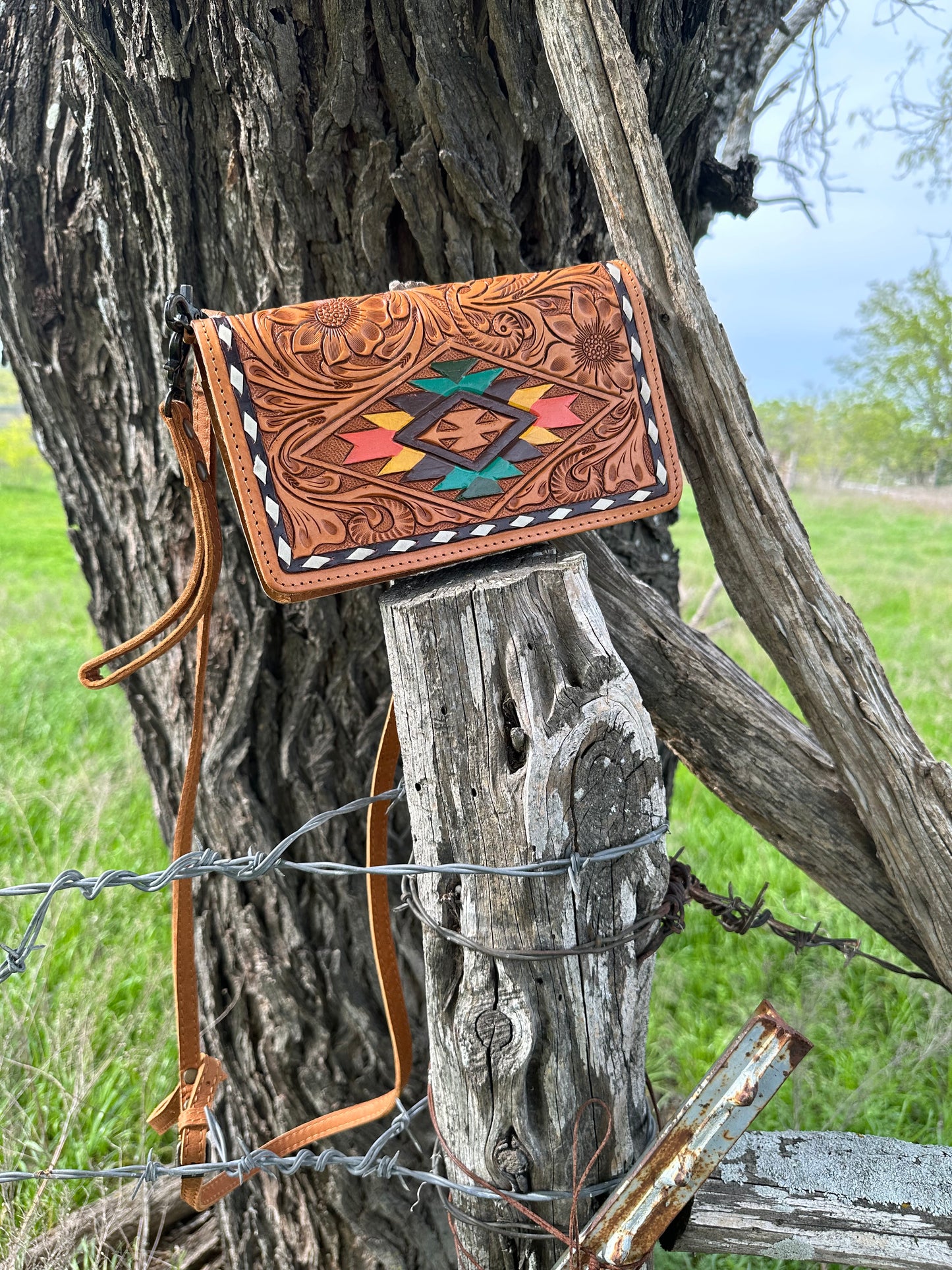 Tooled Tribal Crossbody/ Wristlet Wallet