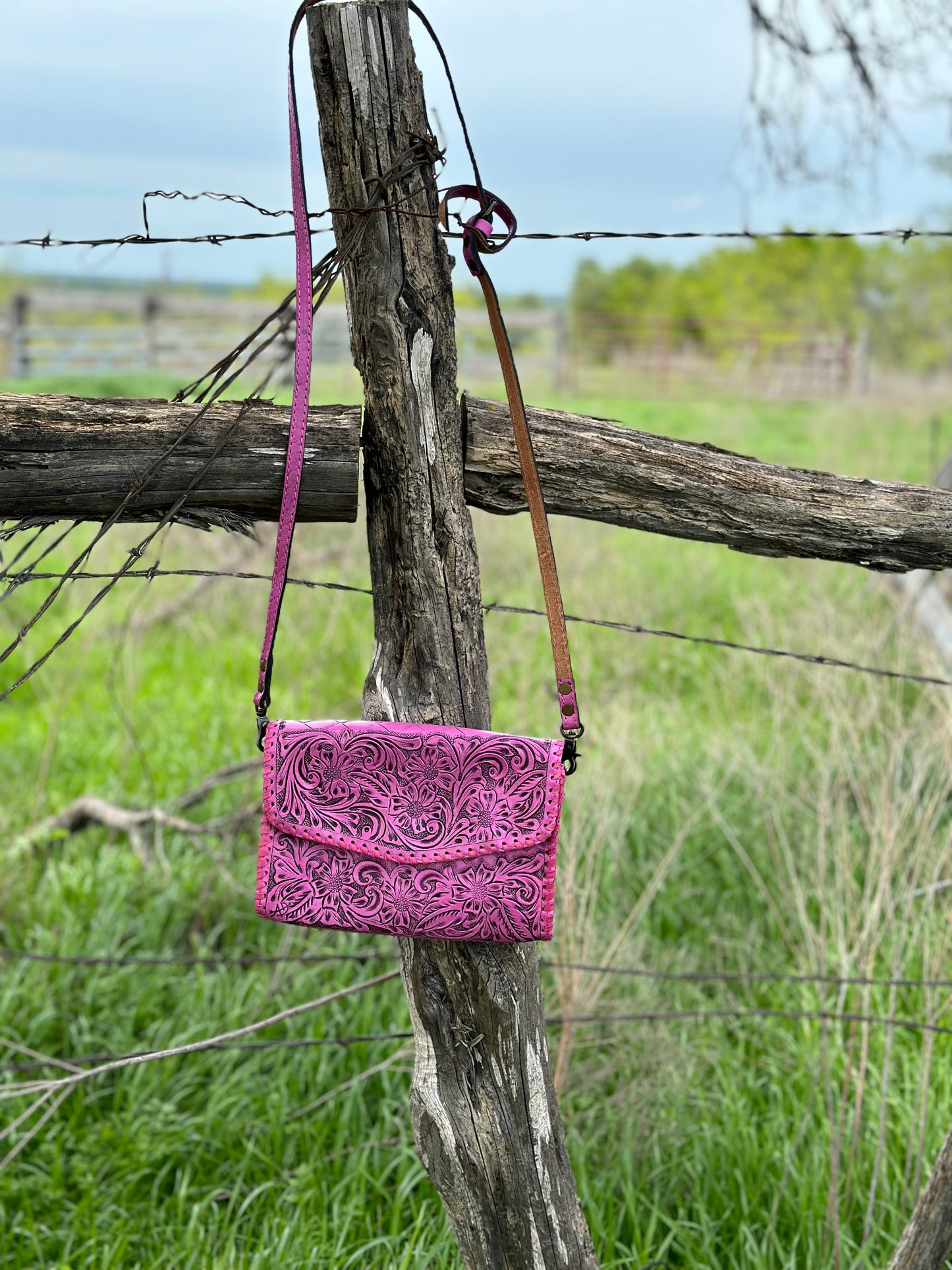 Pink Tooled Leather Crossbody