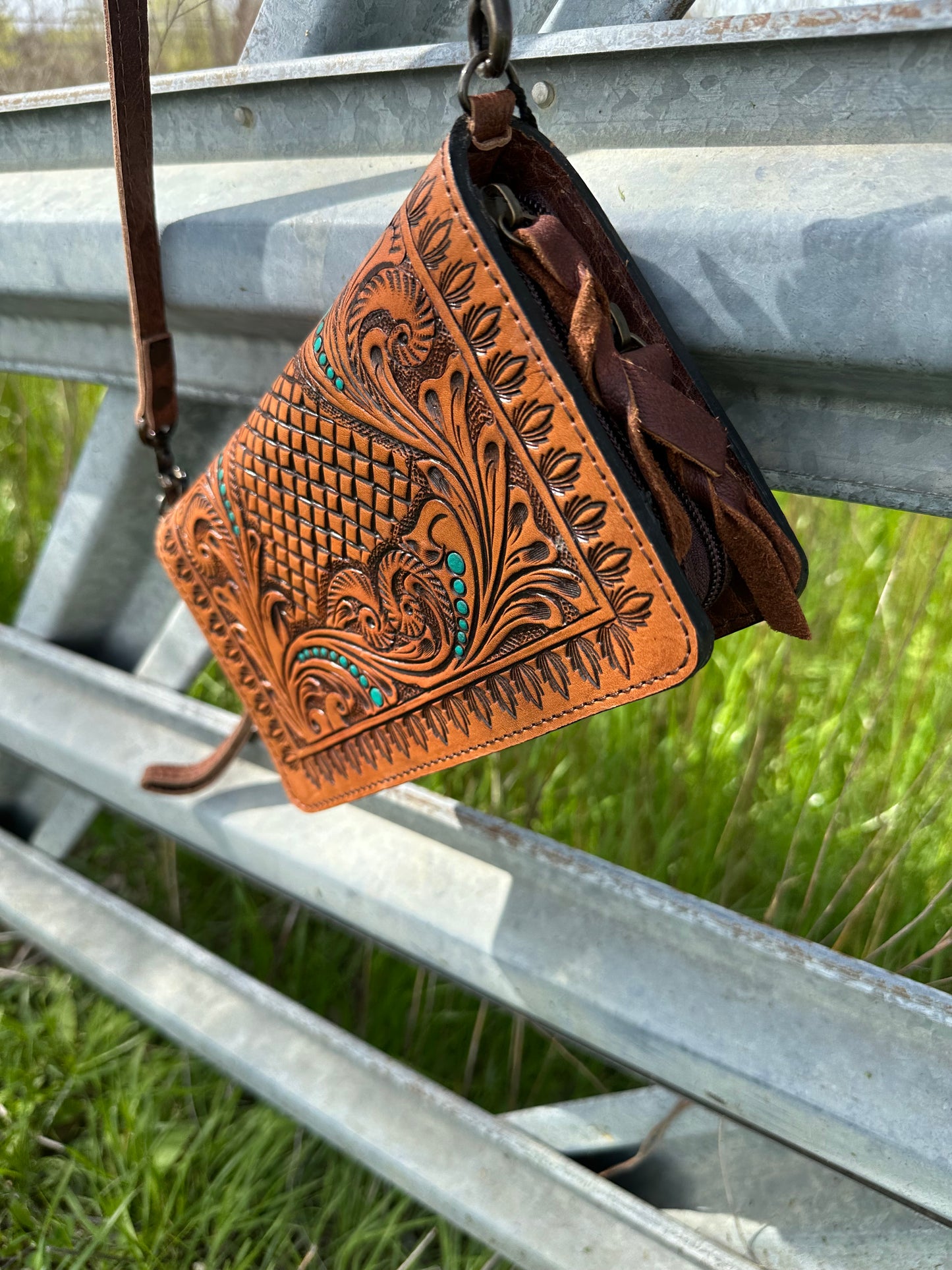 Tooled Leather Crossbody/ Wristlet Wallet