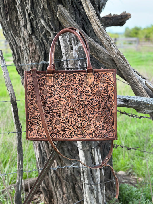 Large Tooled Leather Crossbody/ Tote