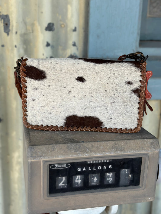 Brown & White Cowhide Crossbody/ Wristlet