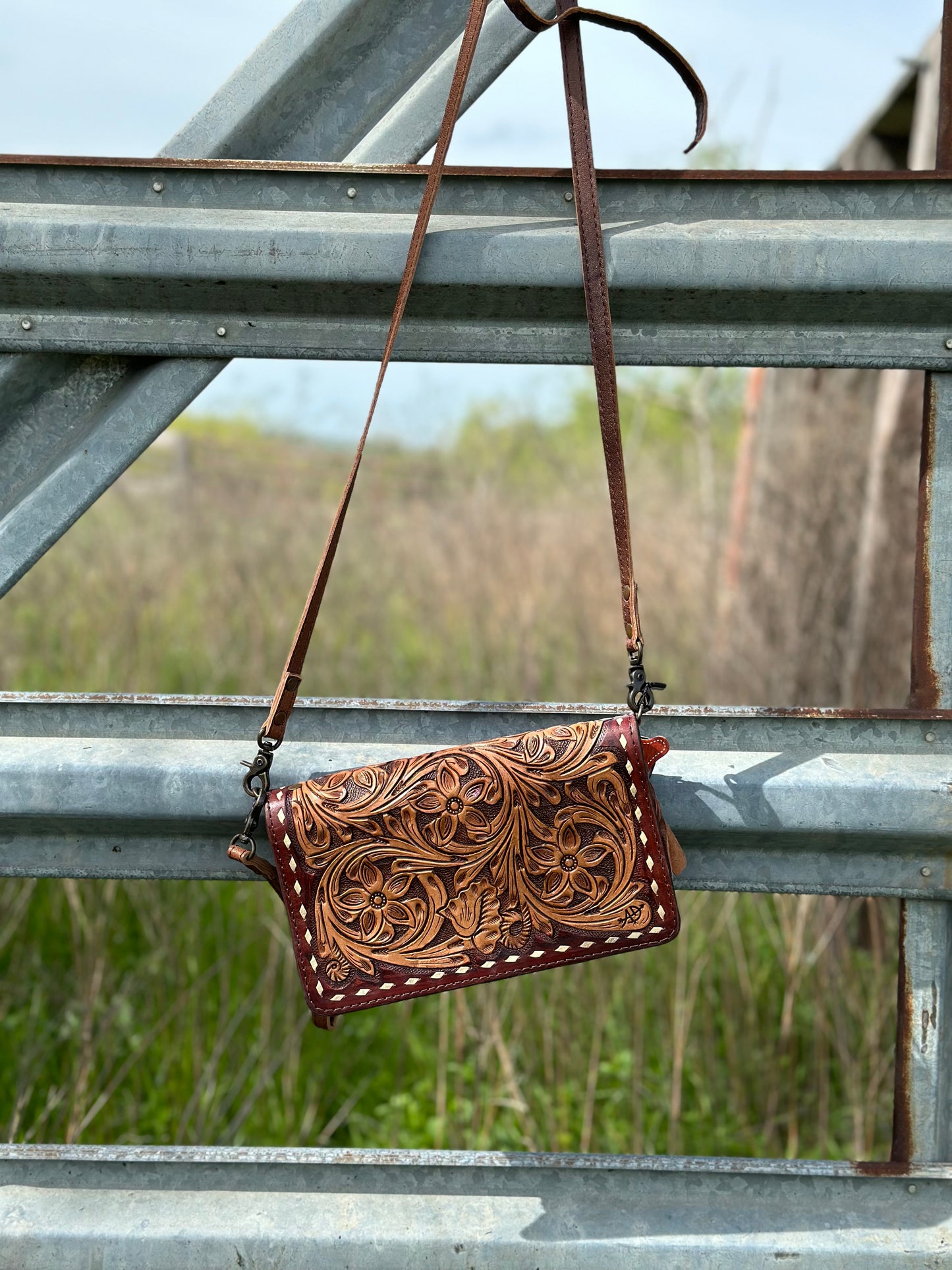 Tooled Leather Crossbody/ Wristlet Wallet