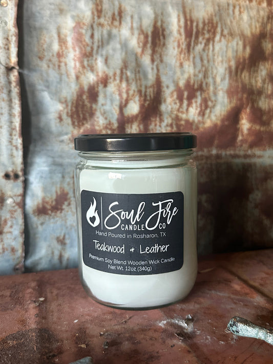 Teakwood & Leather Wood Wick Candle 12oz