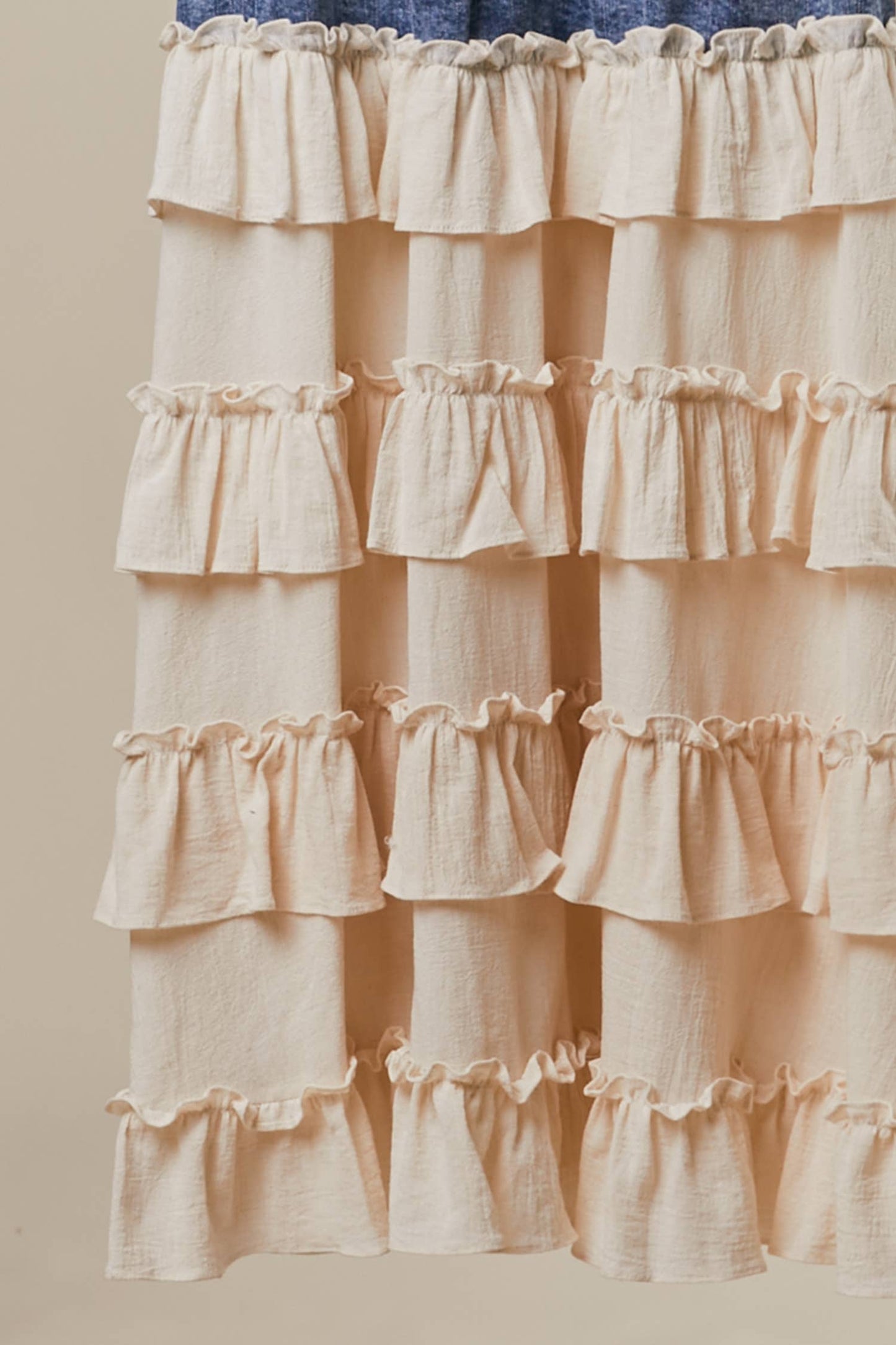 DENIM OVERALL DRESS WITH TIERED RUFFLE SKIRT