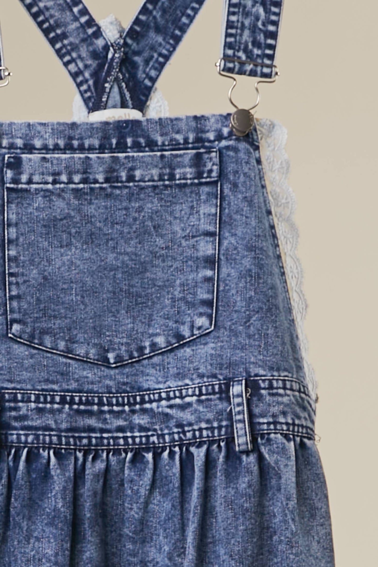 DENIM OVERALL DRESS WITH TIERED RUFFLE SKIRT