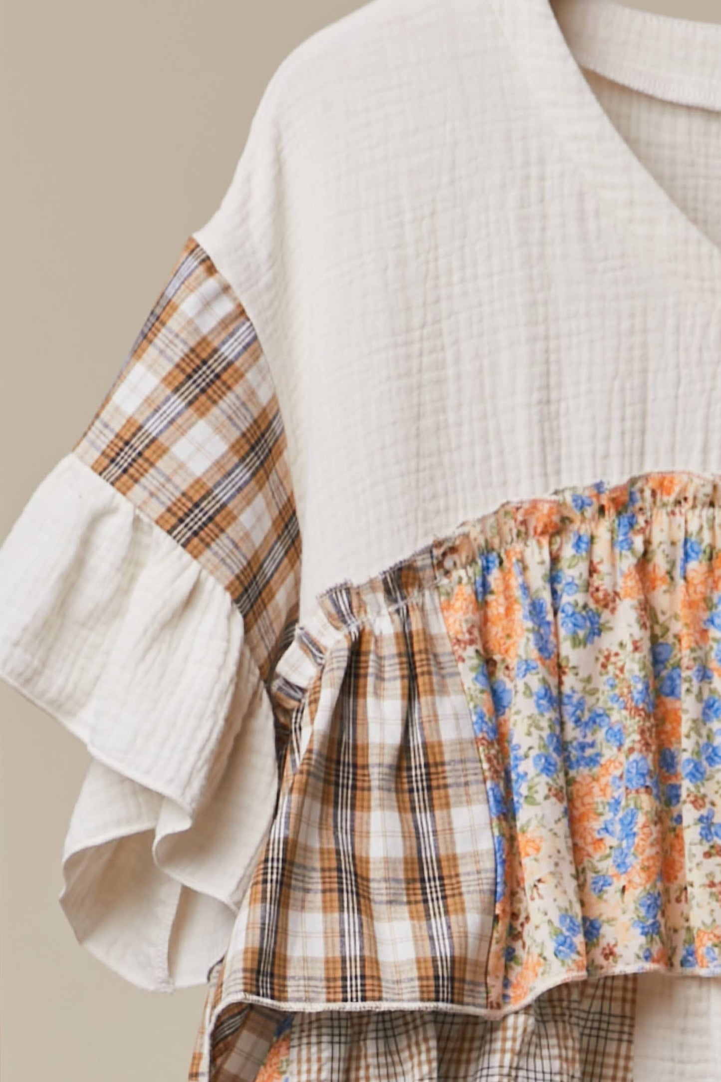 Vintage Patchwork Ruffle Hem Top