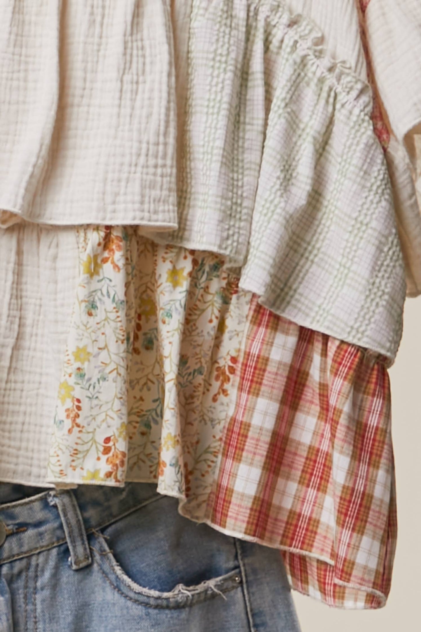 Vintage Patchwork Ruffle Hem Top