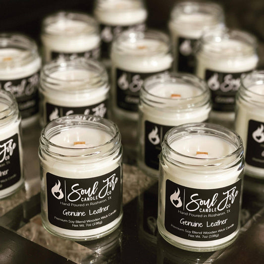 Genuine Leather Wooden Wick Candle: 7oz