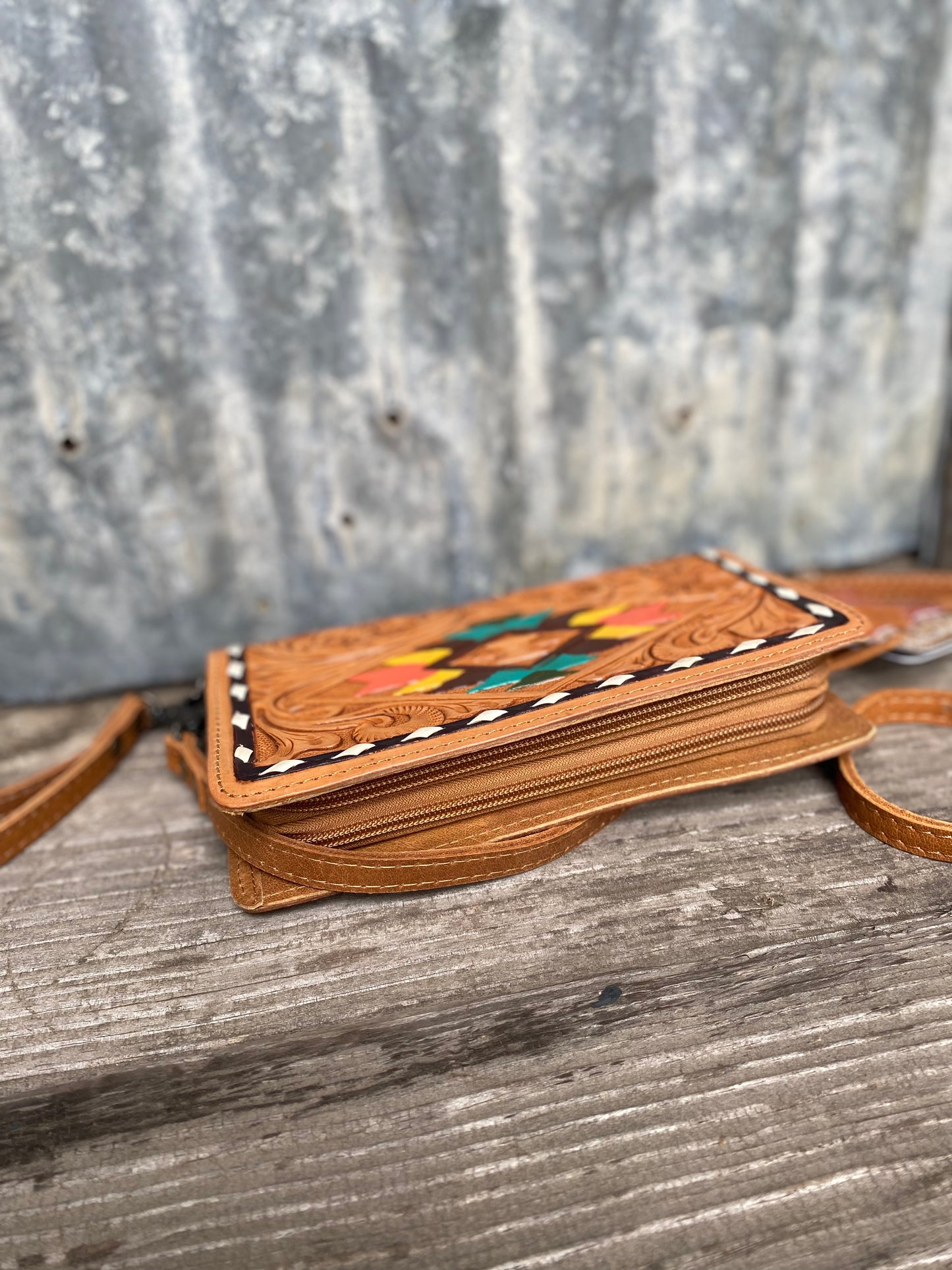 Tooled Tribal Crossbody/ Wristlet Wallet