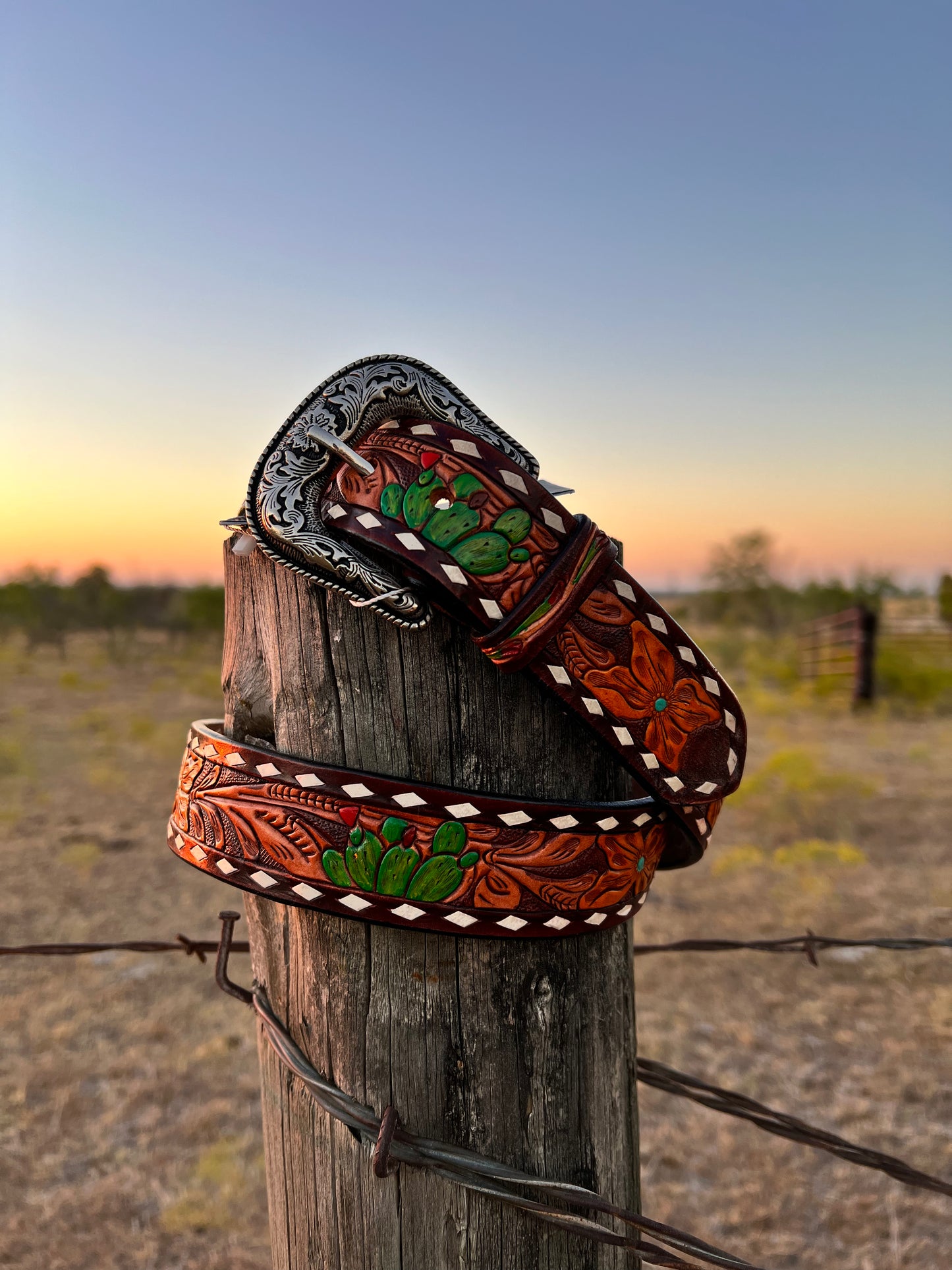 Tooled Cactus Floral Belt