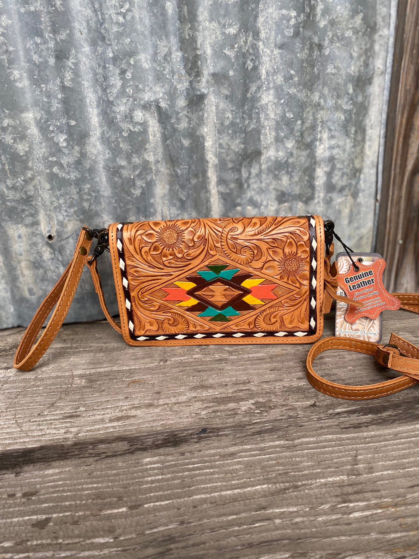 Tooled Tribal Crossbody/ Wristlet Wallet