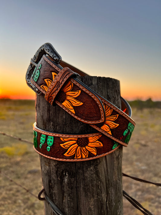 Tooled Sunflower and Cactus Belt