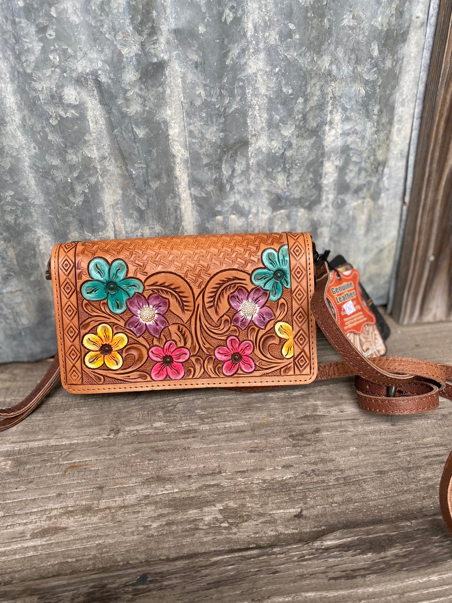 Tooled Floral Crossbody / Wristlet Wallet