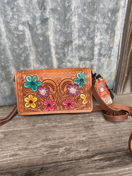 Tooled Floral Crossbody / Wristlet Wallet