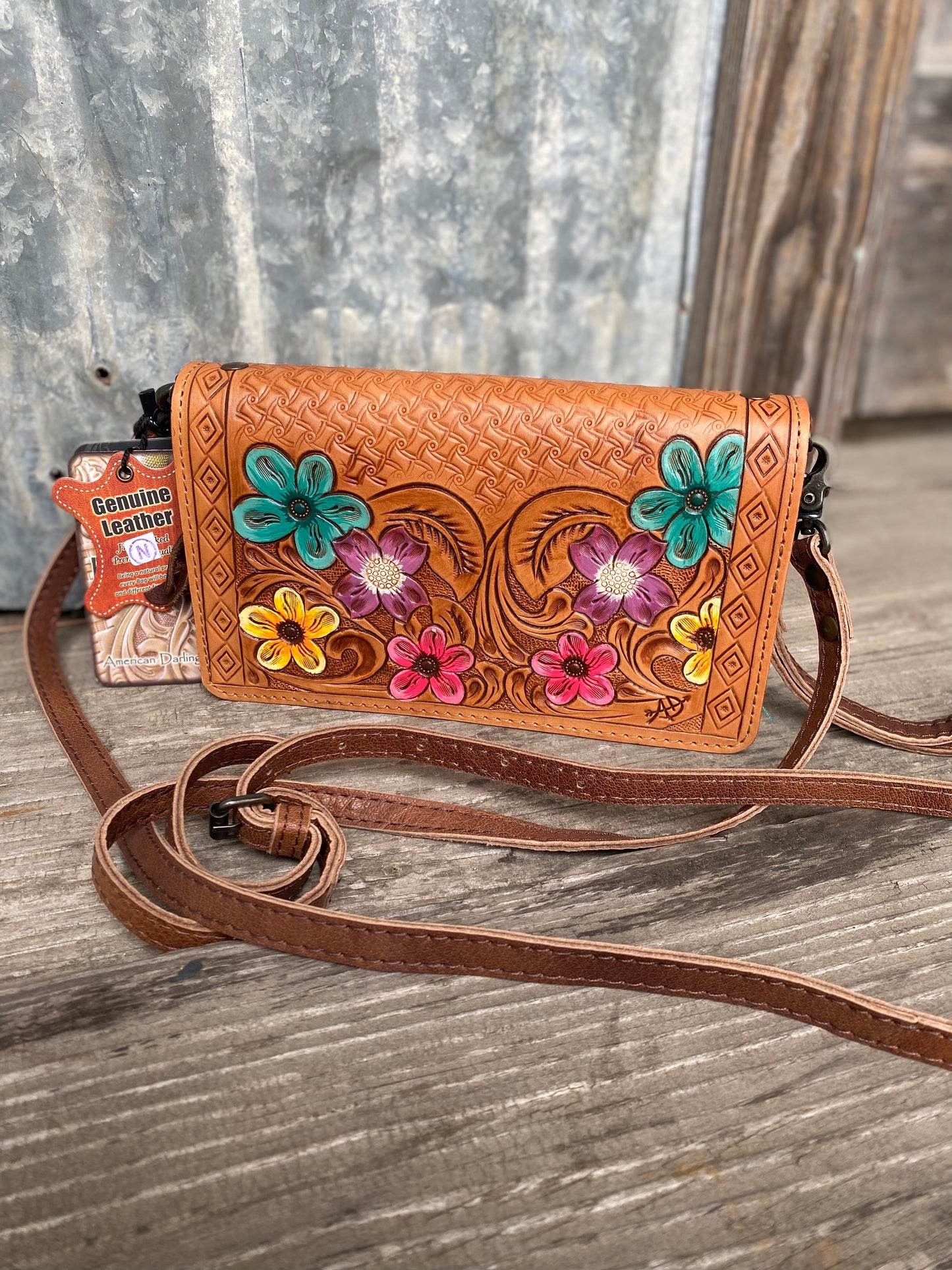 Tooled Floral Crossbody / Wristlet Wallet