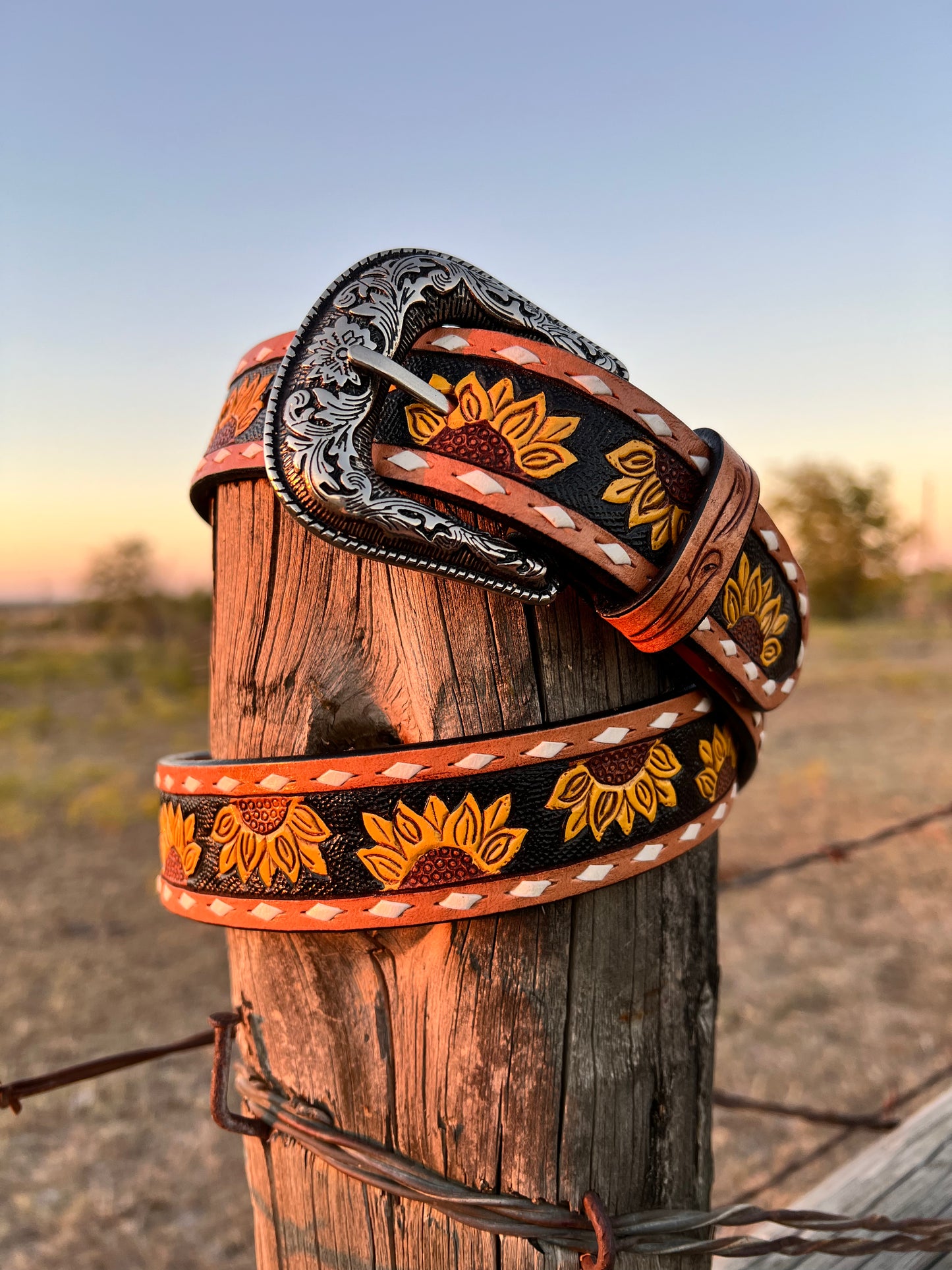 Tooled Leather Sunflower Belt