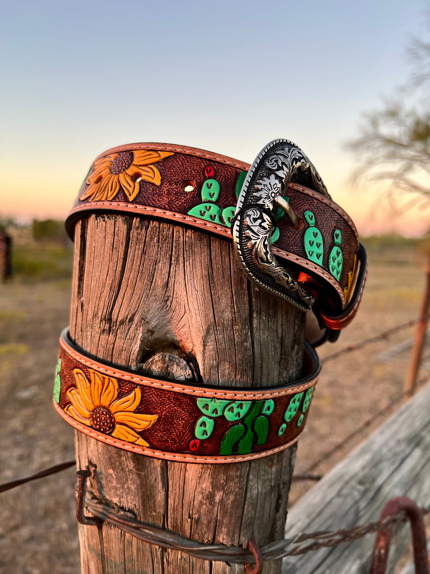 Tooled Sunflower and Cactus Belt