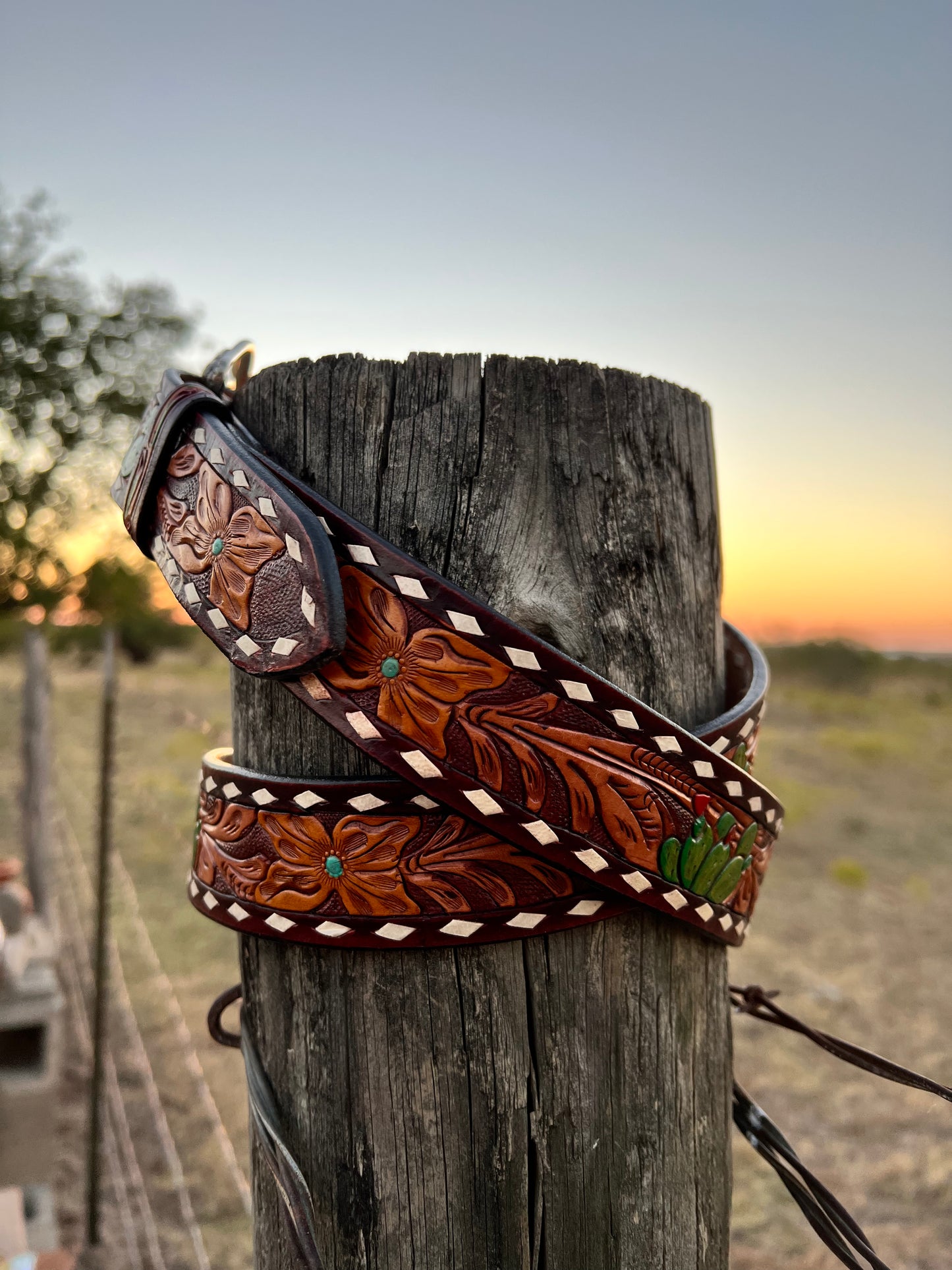 Tooled Cactus Floral Belt