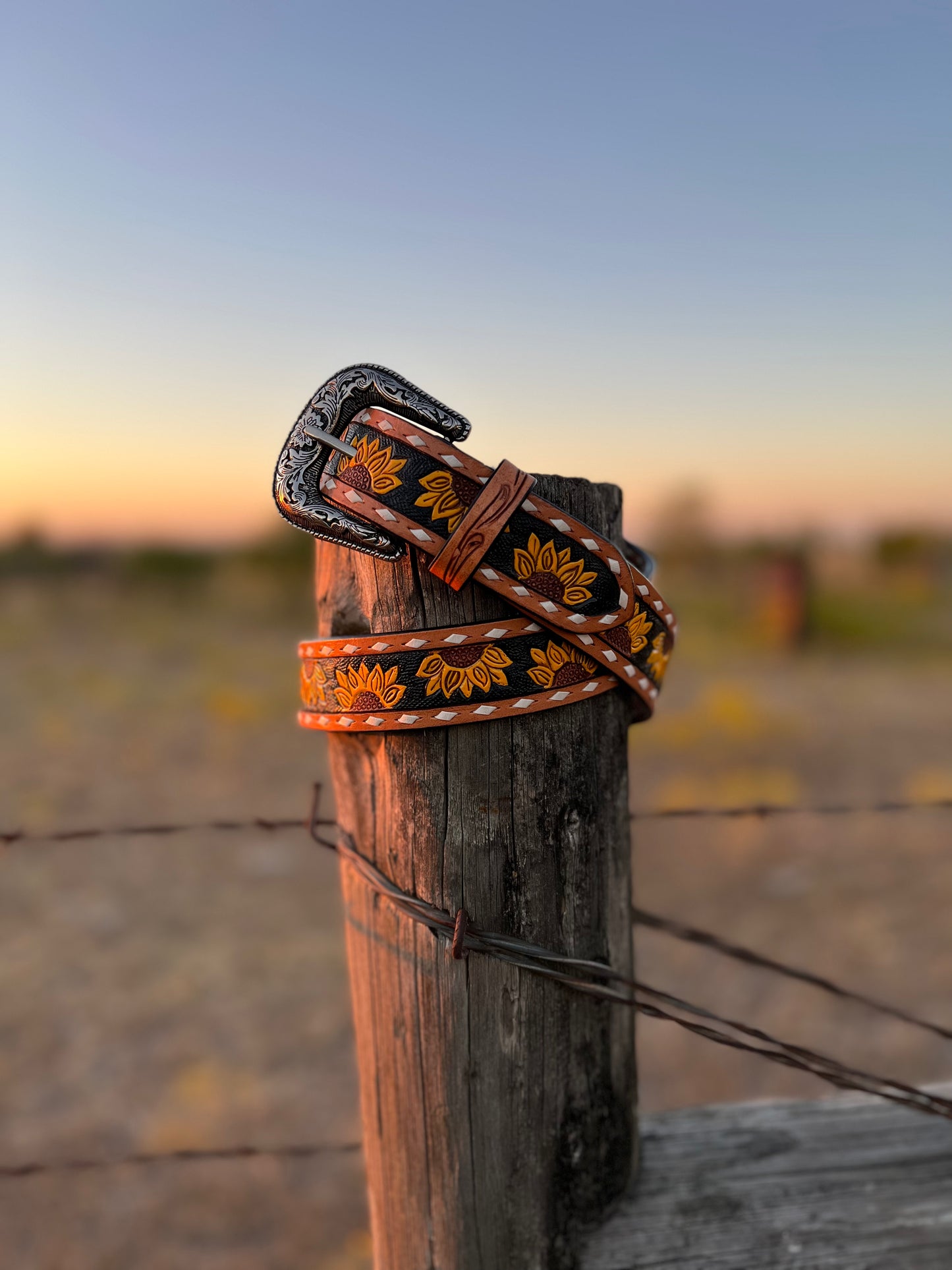 Tooled Leather Sunflower Belt