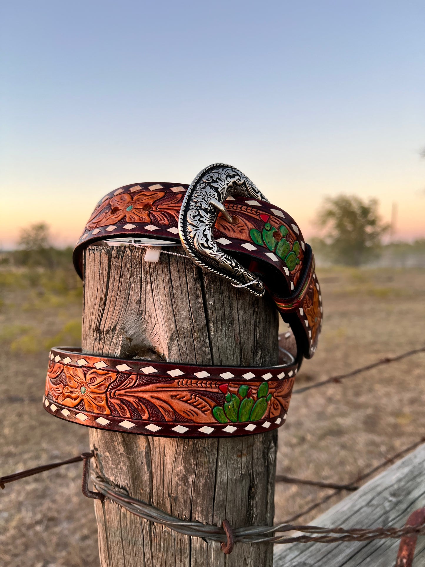 Tooled Cactus Floral Belt